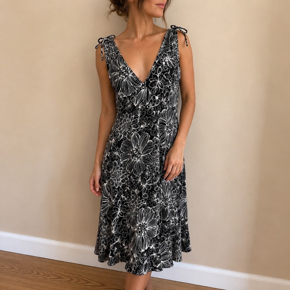 Maggy L Black White Floral Dress Tie Shoulder‎ 14W Retro Chic